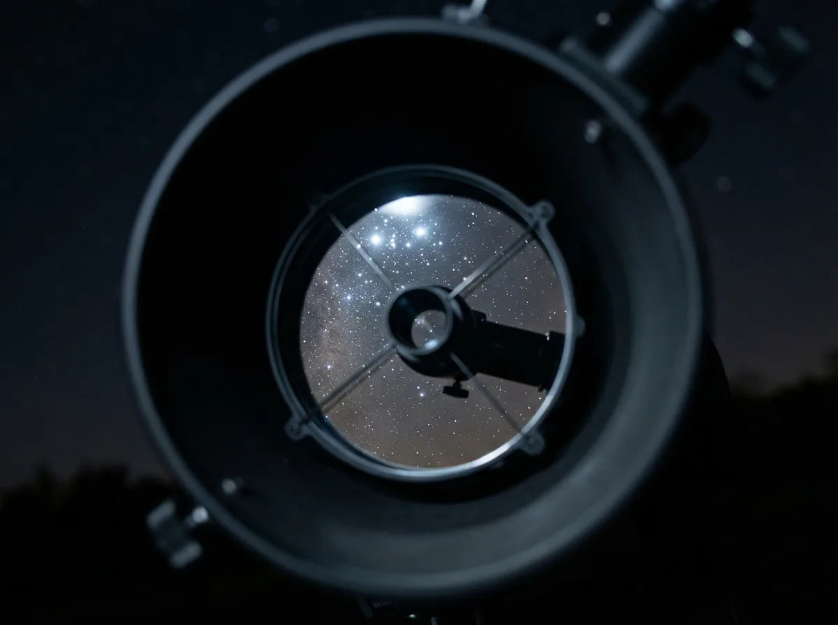 A close-up of the Orion SpaceProbe 130ST's parabolic mirror reflecting a star cluster.