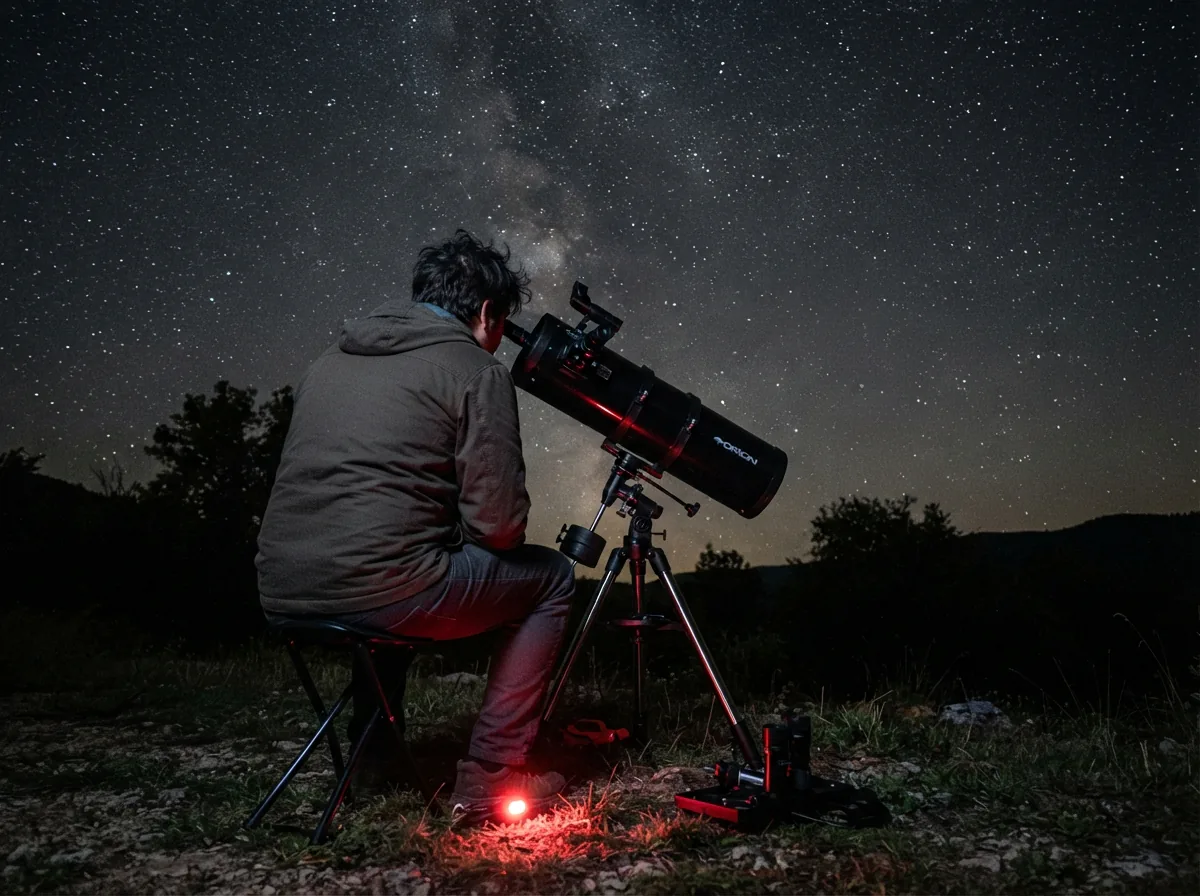 A person looking through the eyepiece of the Orion SpaceProbe 130ST telescope at night.