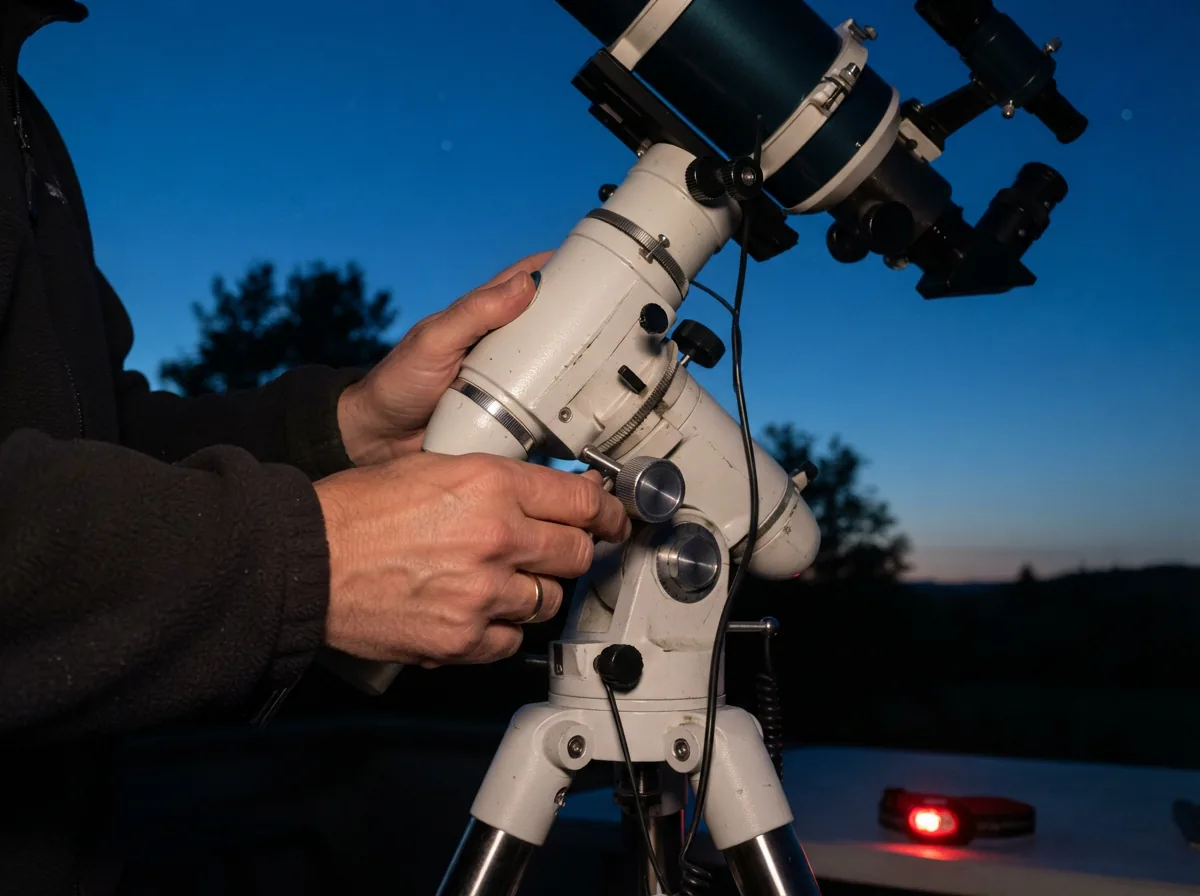 Person adjusting an equatorial telescope mount at dusk