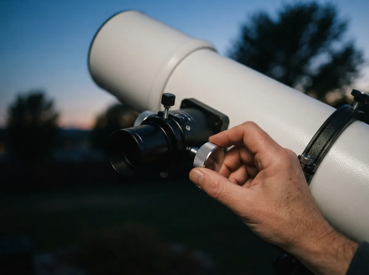 A person's hand smoothly adjusting the 2-inch Crayford focuser on the Orion XT6 telescope during a nighttime observation session.