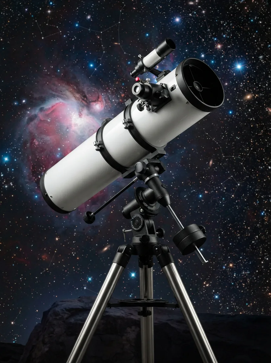 The Orion StarBlast 4.5 Newtonian Equatorial Reflector Telescope shown from a three-quarter angle on its mount against a starfield background.
