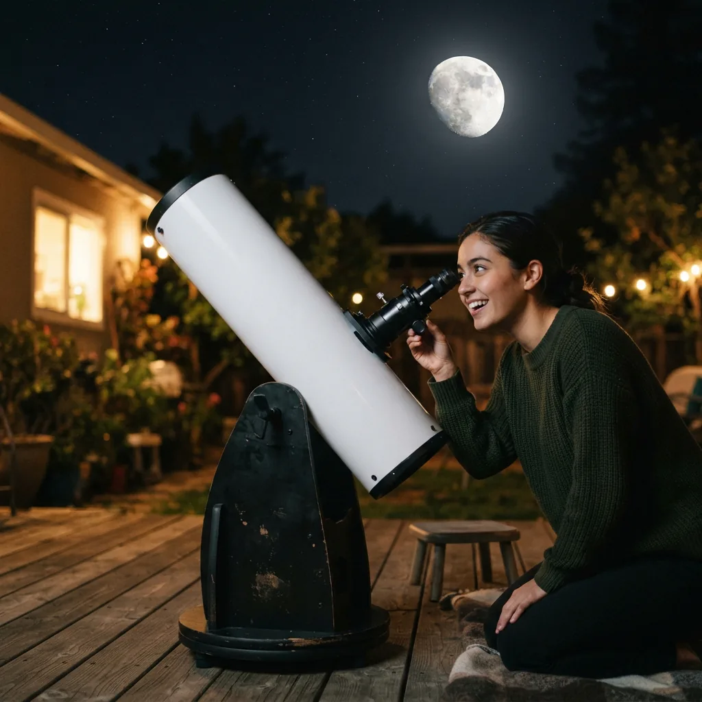 The Orion XT6 telescope pointed at the Moon for its first light observation.