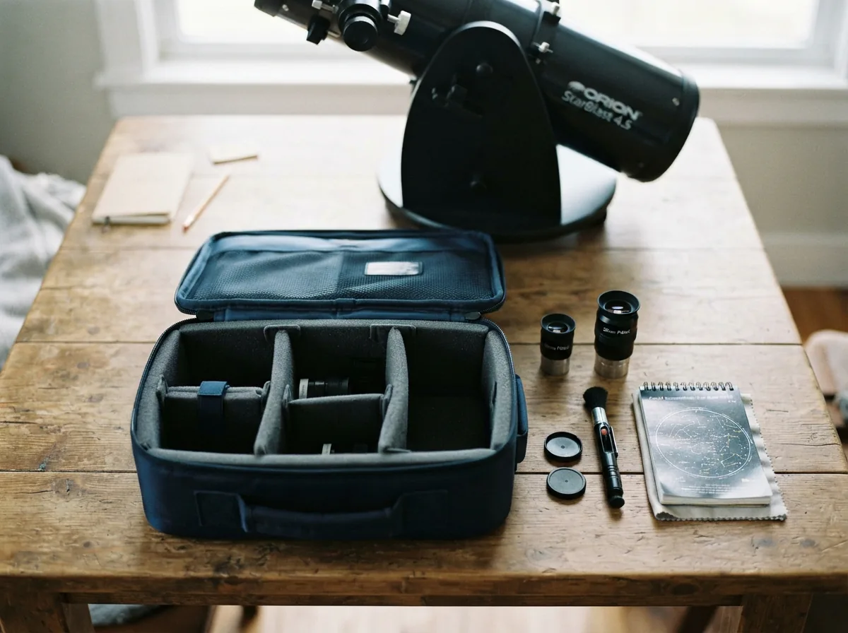 The telescope's accessory bag open, showing the eyepieces and other included items.