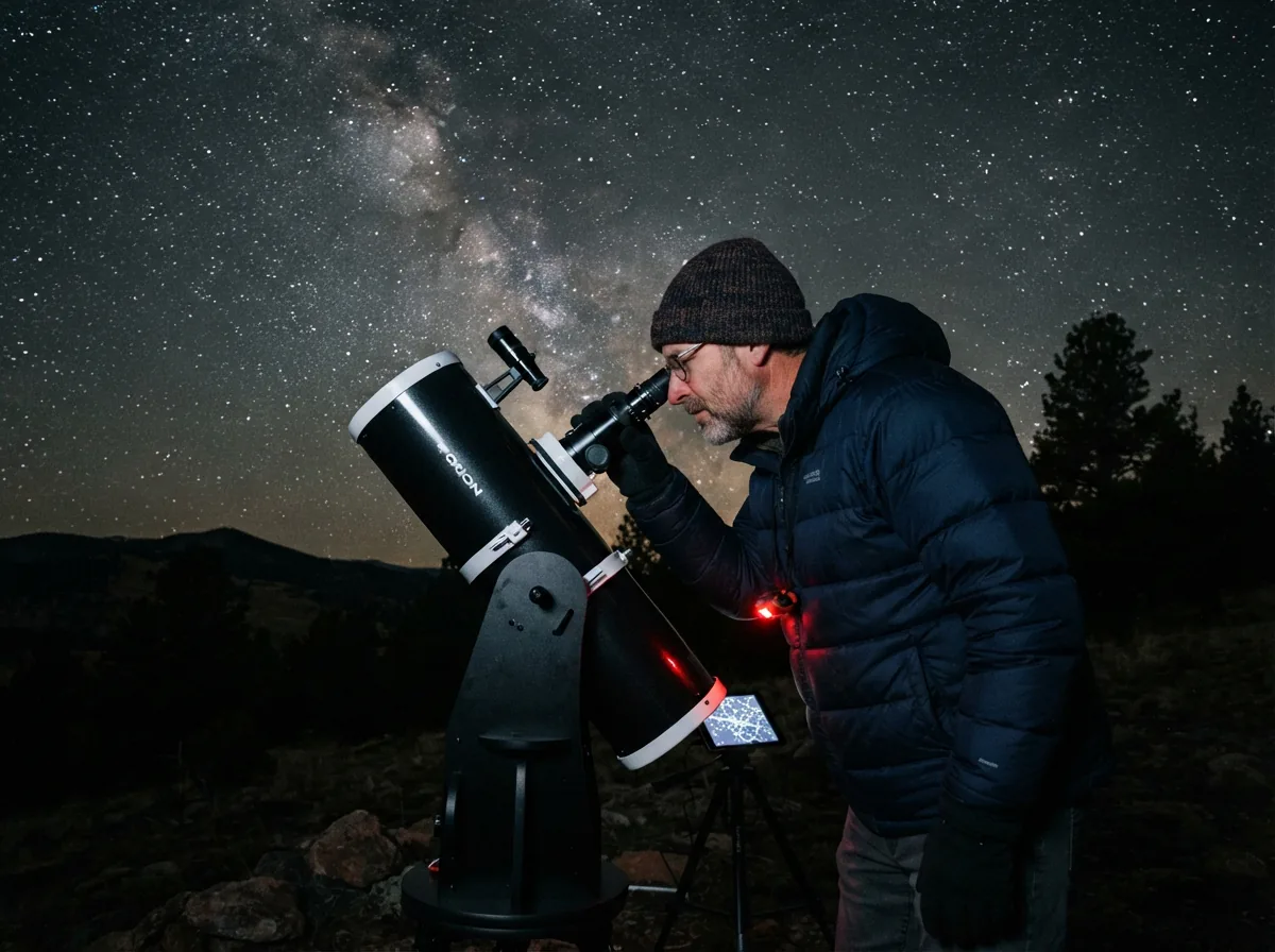 A person looking through a telescope under a starry night sky.