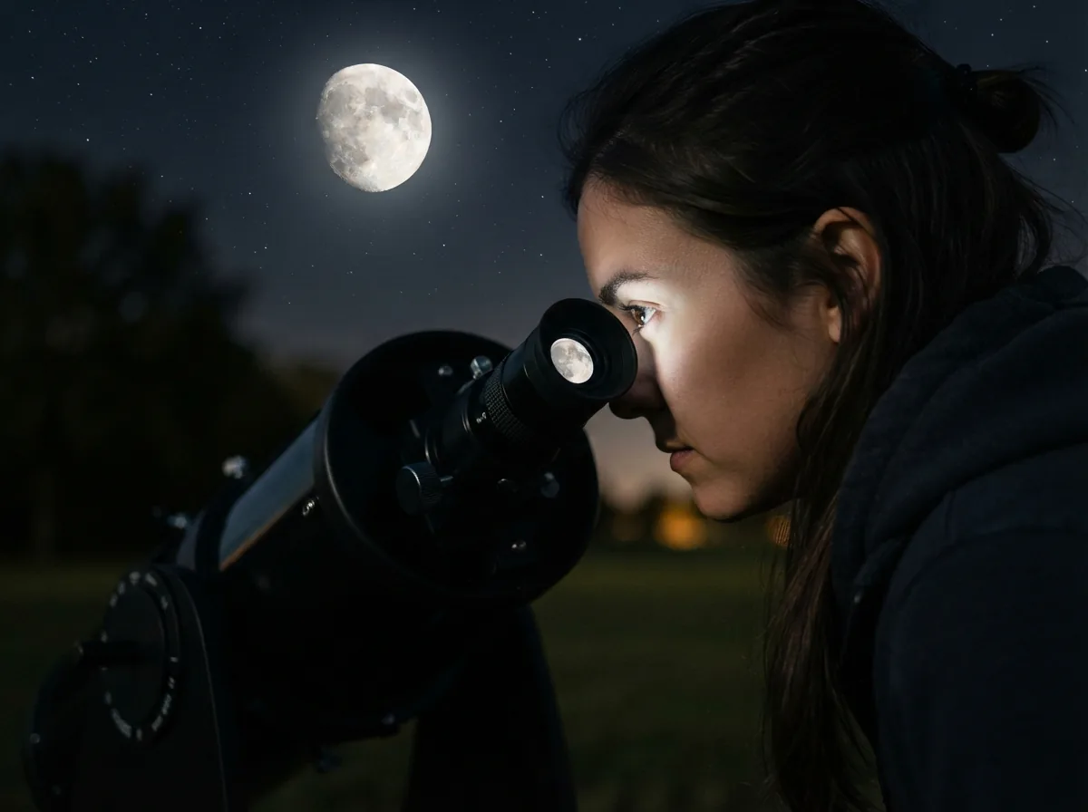 Person looking through the eyepiece of the Orion XT8 telescope at the Moon.