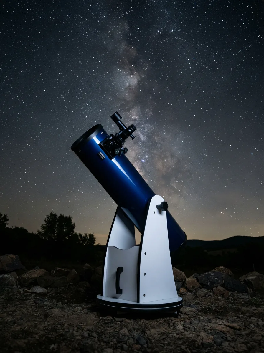The Orion StarBlast 4.5" Reflector Telescope prominently displayed against a backdrop of a starry night sky.