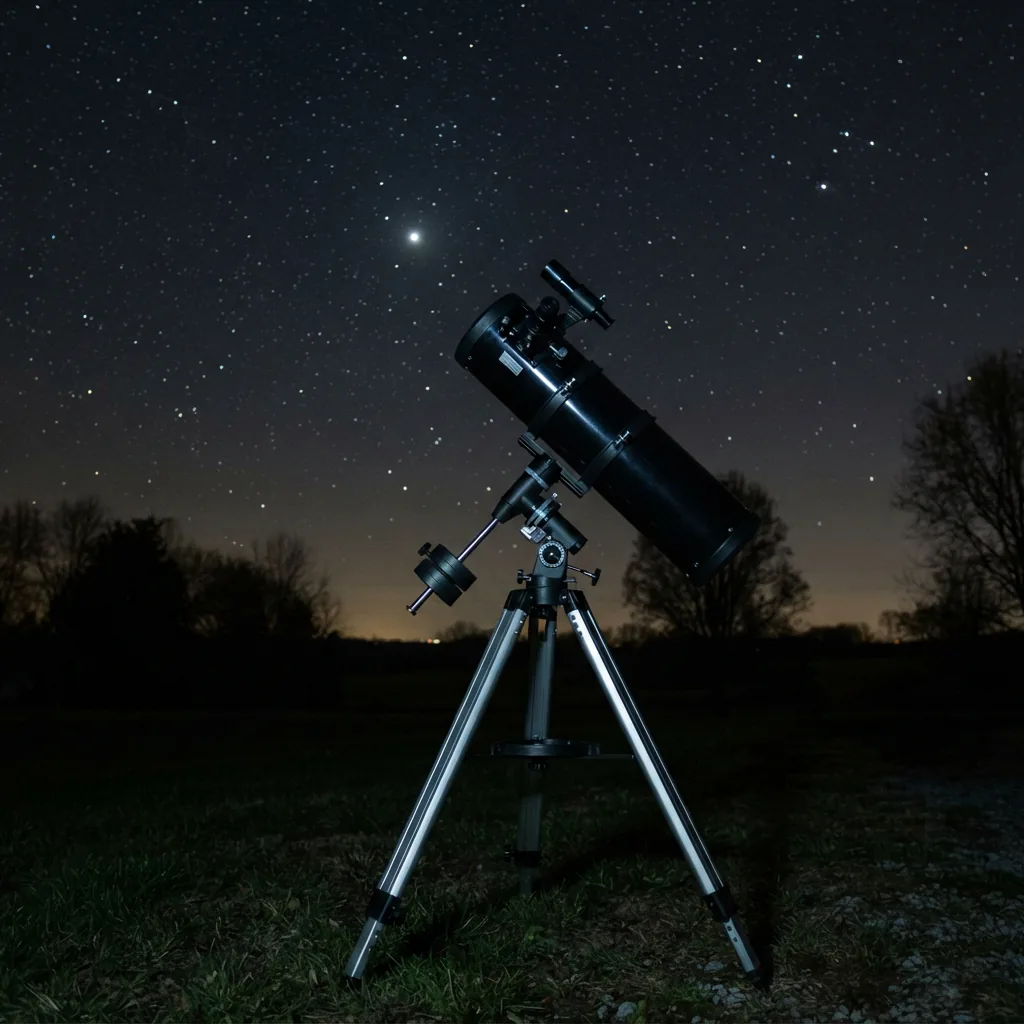 The Orion SpaceProbe 130ST telescope pointed at Polaris for polar alignment.
