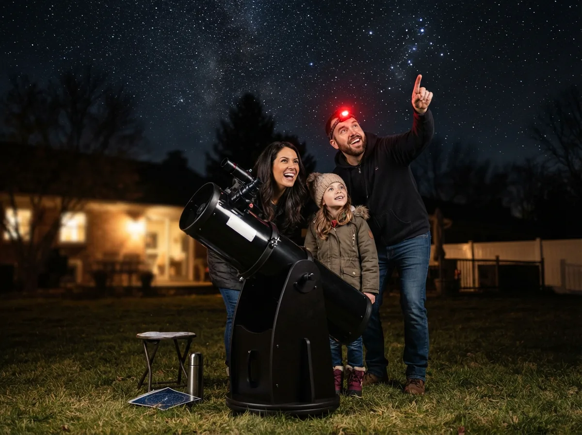 A family gathered around the Orion XT8 telescope, enjoying a shared stargazing experience.