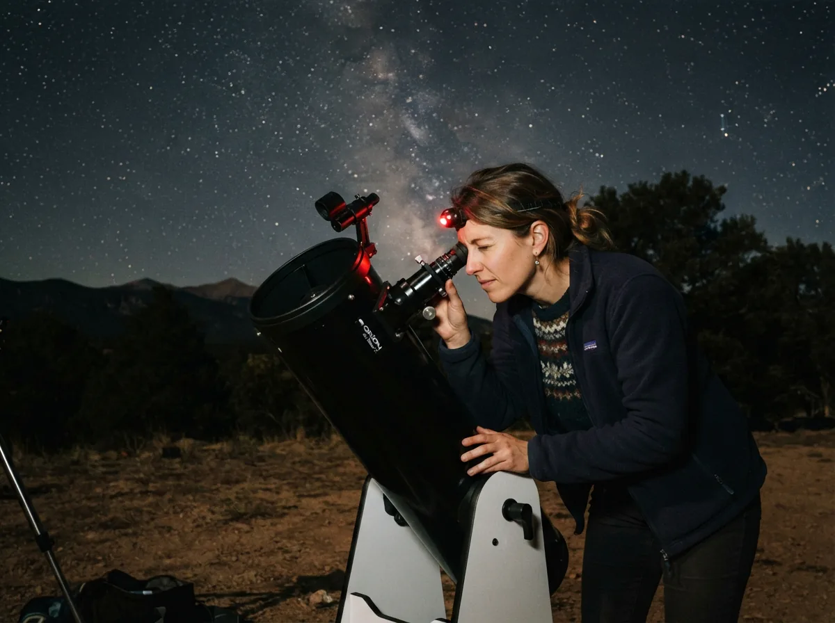 A person observing through the XT10 telescope eyepiece under a clear, dark sky.