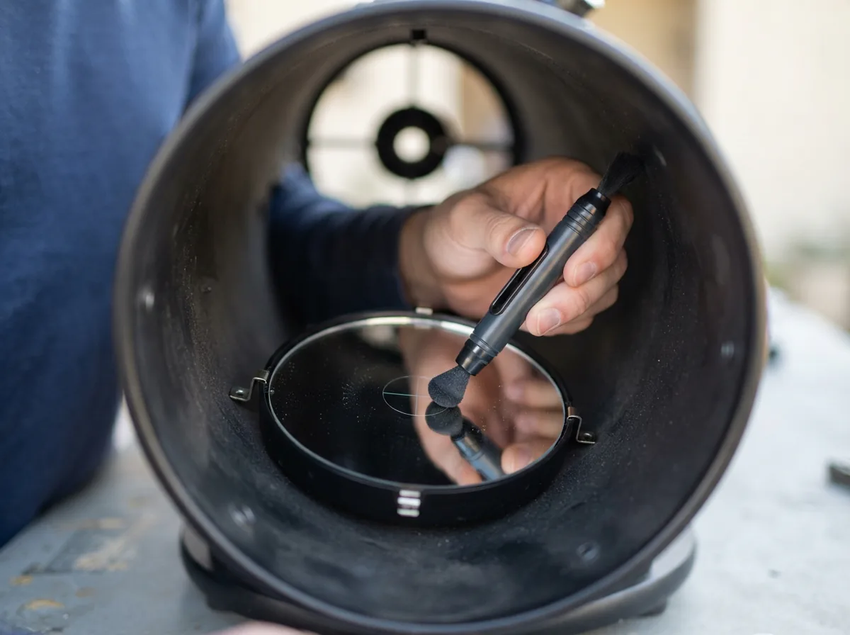 A hand using the lens pen to clean the telescope's primary mirror.