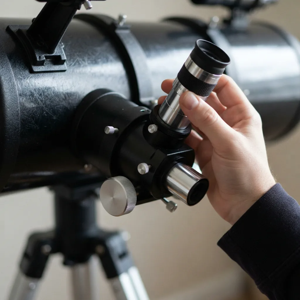 A close-up of the Orion SpaceProbe 130ST focuser with a 25mm Plossl eyepiece inserted.