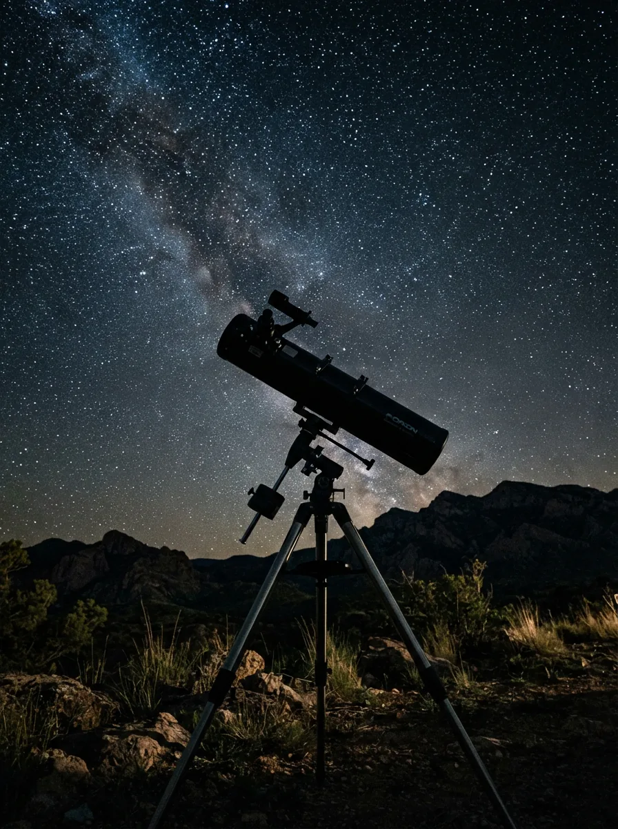 A sleek Orion SpaceProbe telescope set up under a dark, starry night sky, pointed towards a bright cluster of stars.