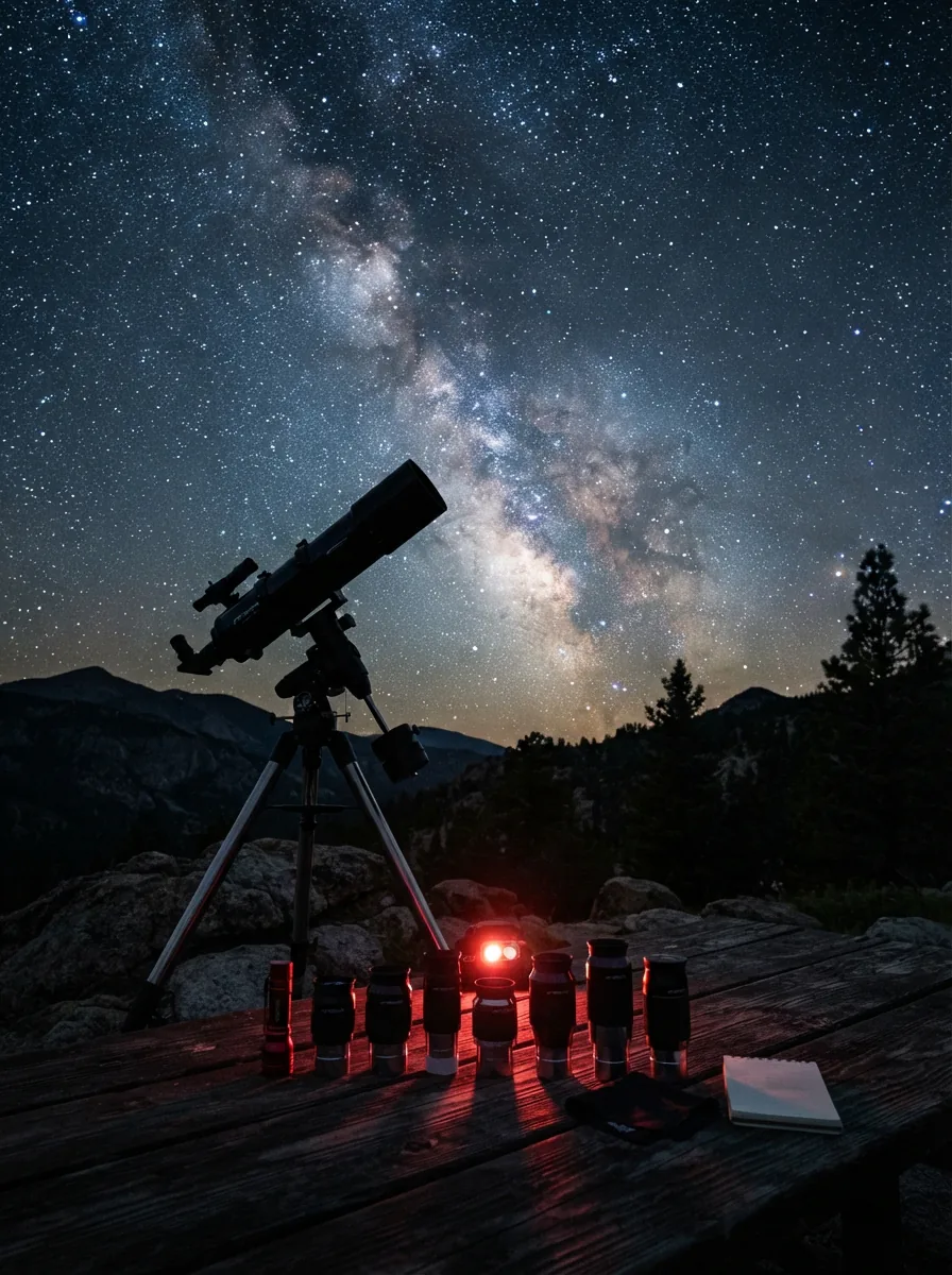 A telescope pointed at a starry night sky with a lens flare effect, surrounded by several different Orion telescope eyepieces on a dark surface.