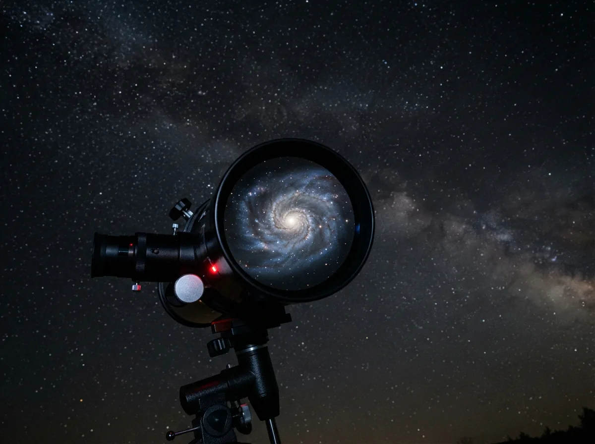A detailed view of a spiral galaxy captured through the Orion SpaceProbe 130ST telescope.