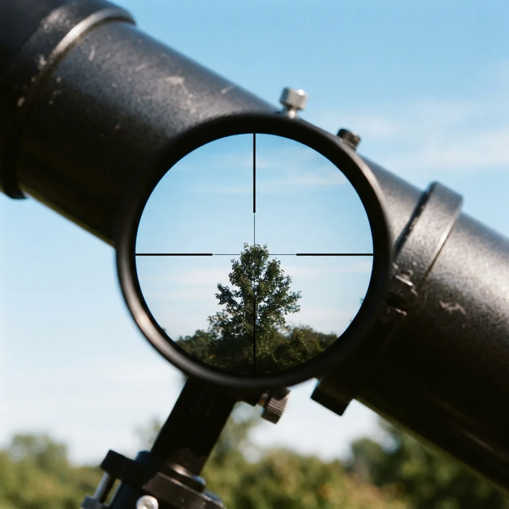 Aligning the finderscope of the Orion SpaceProbe 130ST telescope with a distant treetop.