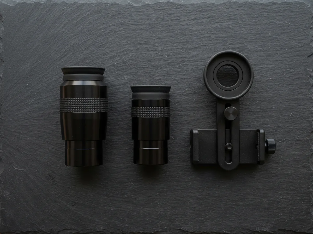 The Orion SpaceProbe 130ST telescope eyepieces and smartphone adapter laid out on a dark surface, ready for observation.