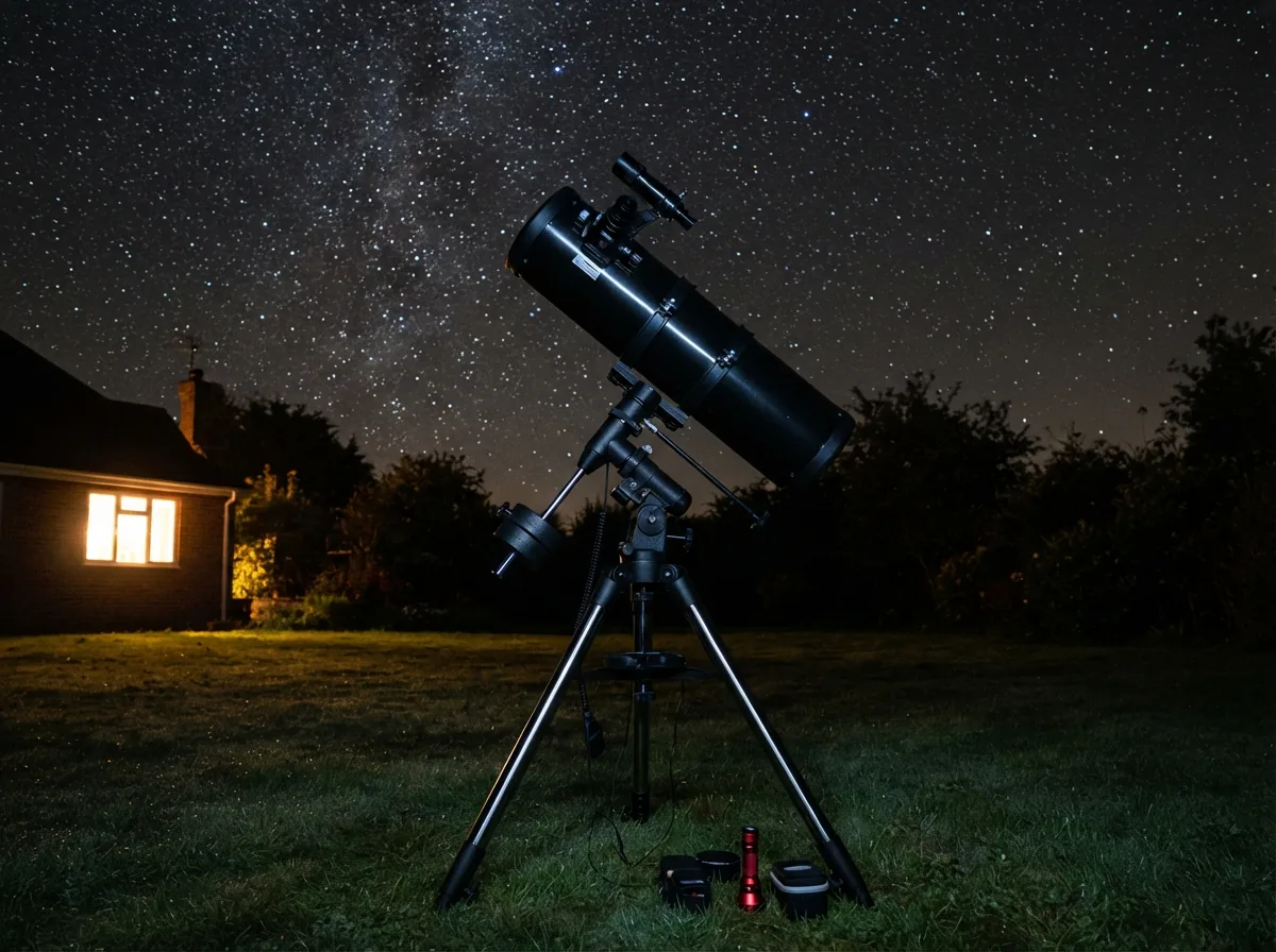 The Orion SpaceProbe 130ST telescope mounted on its equatorial base, pointing towards a star field.