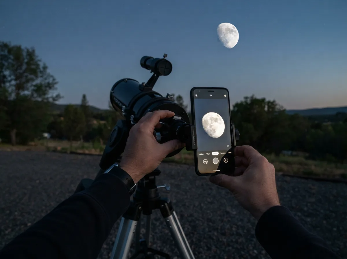 A person holding a smartphone attached to the Orion SpaceProbe 130ST telescope eyepiece, capturing an image of the moon.
