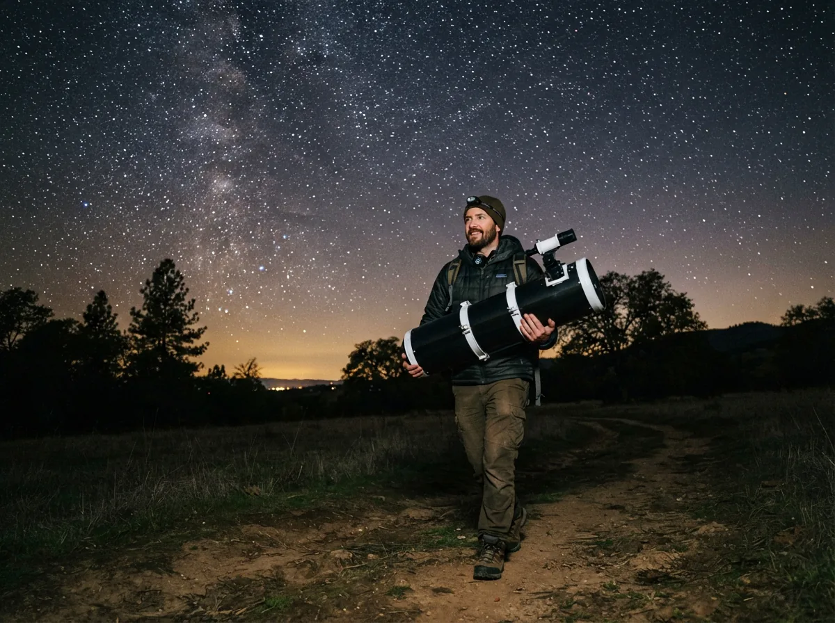 A person carrying the Orion SkyQuest XT8i optical tube under a starry night sky.