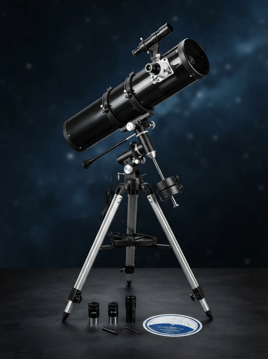 The Orion StarBlast II 4.5 EQ Telescope Kit displayed with its included accessories against a dark background.