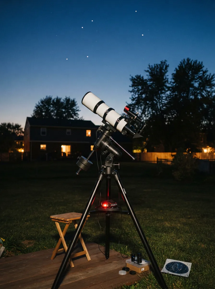 A telescope on an equatorial mount pointed at a twilight sky with stars beginning to appear.