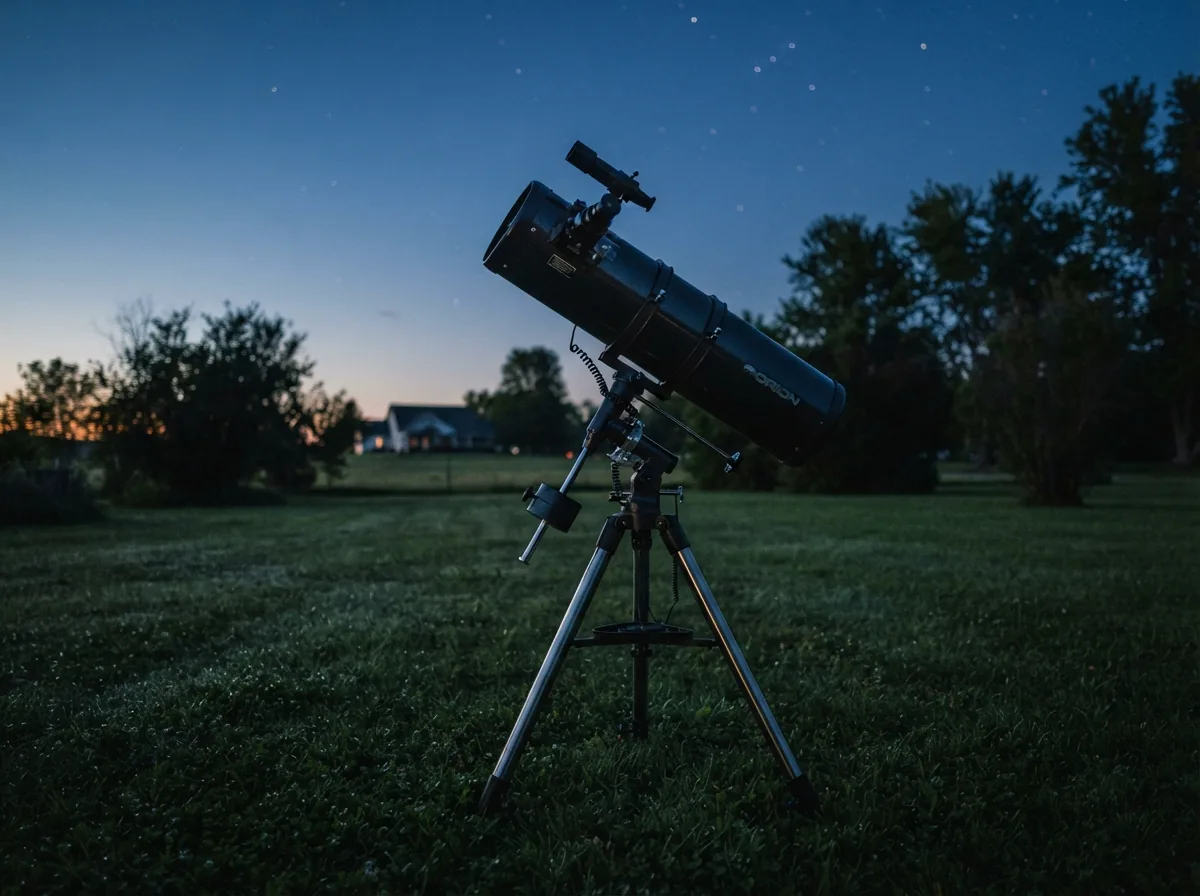 The Orion SpaceProbe 130ST telescope fully assembled and set up on a lawn, ready for a night of observing.