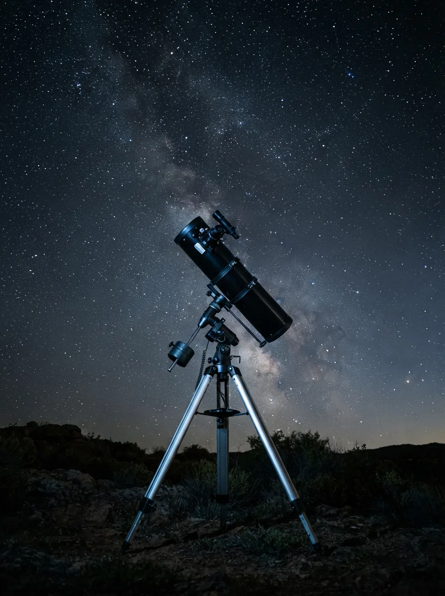 The Orion SpaceProbe 130ST telescope as the central subject against a dramatic night sky backdrop.
