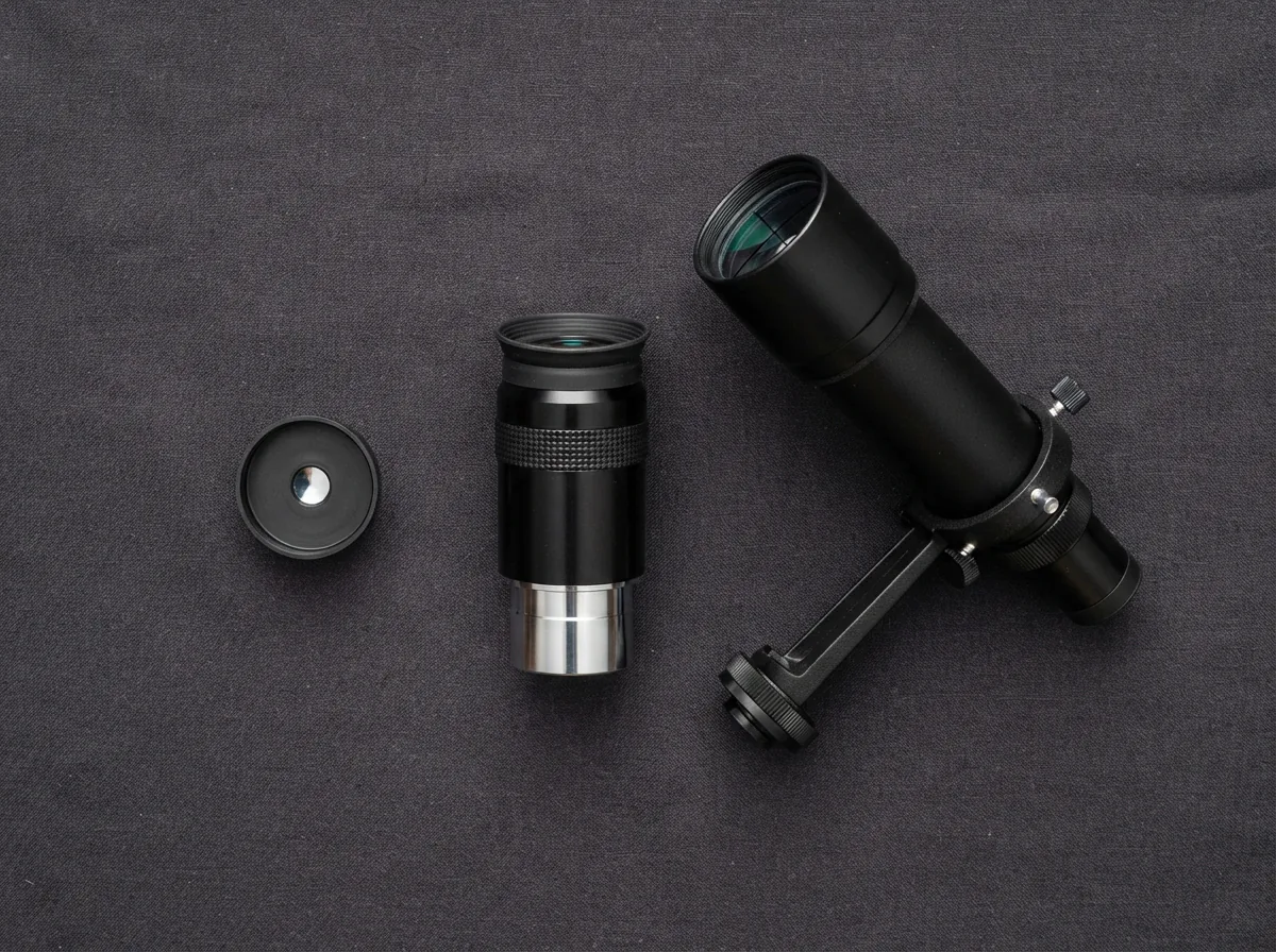 The included accessories for the Orion XT8: Plössl eyepiece, finder scope, and collimation cap arranged neatly.