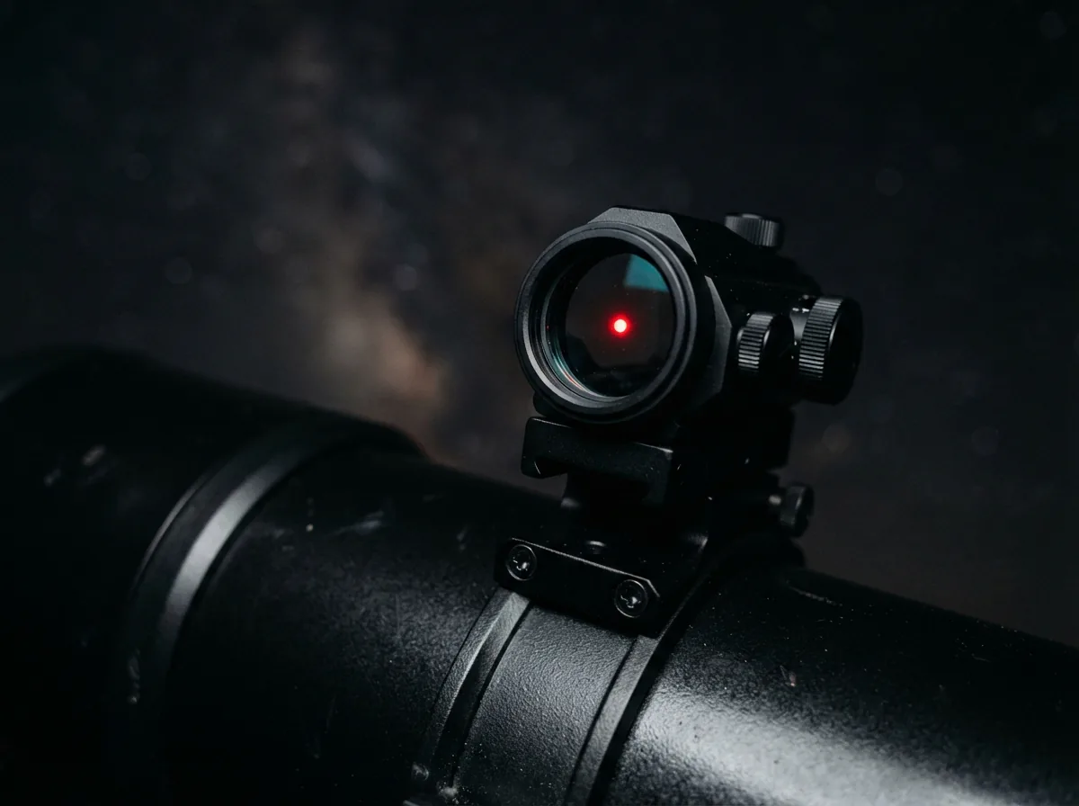 The EZ Finder II reflex sight on the Orion StarBlast II telescope, showing the red dot aiming reticle.