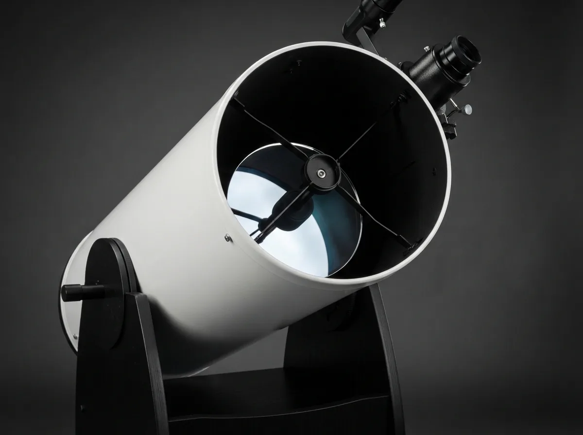 A close-up view of the Orion SkyQuest XT6 telescope tube showing the high-quality primary mirror with reflective coatings.