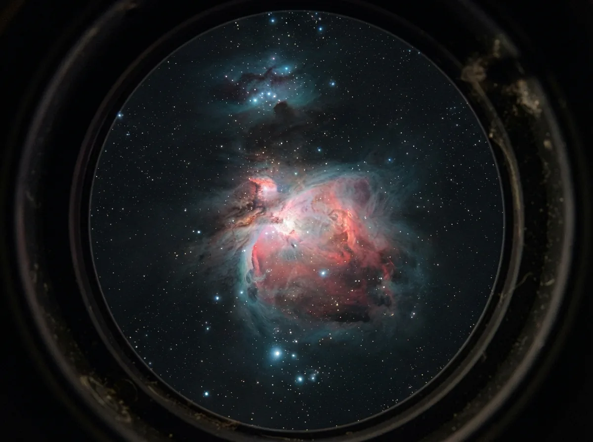Night sky view through the Orion XT8 telescope showing the Orion Nebula in vibrant color.